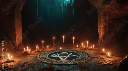 In a dark cave, illuminated by flickering candlelight, a ritual circle is formed with various candles surrounding a star symbol on the ground. The atmosphere feels mystical and eerie