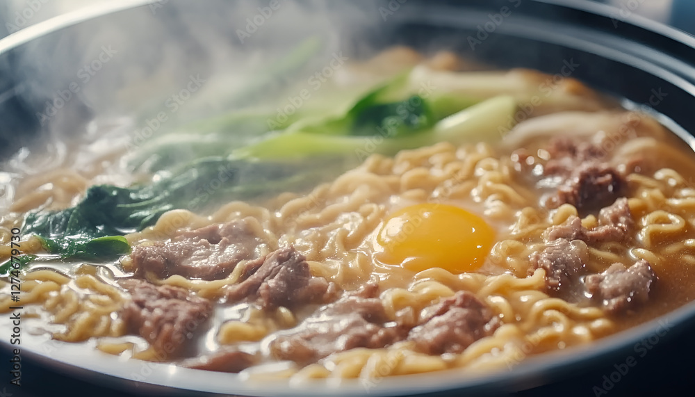 Fresh steaming beef ramen noodle soup serving with egg and pak choi, close up. Fresh steaming beef ramen noodle soup serving with egg and pak choi, close up.