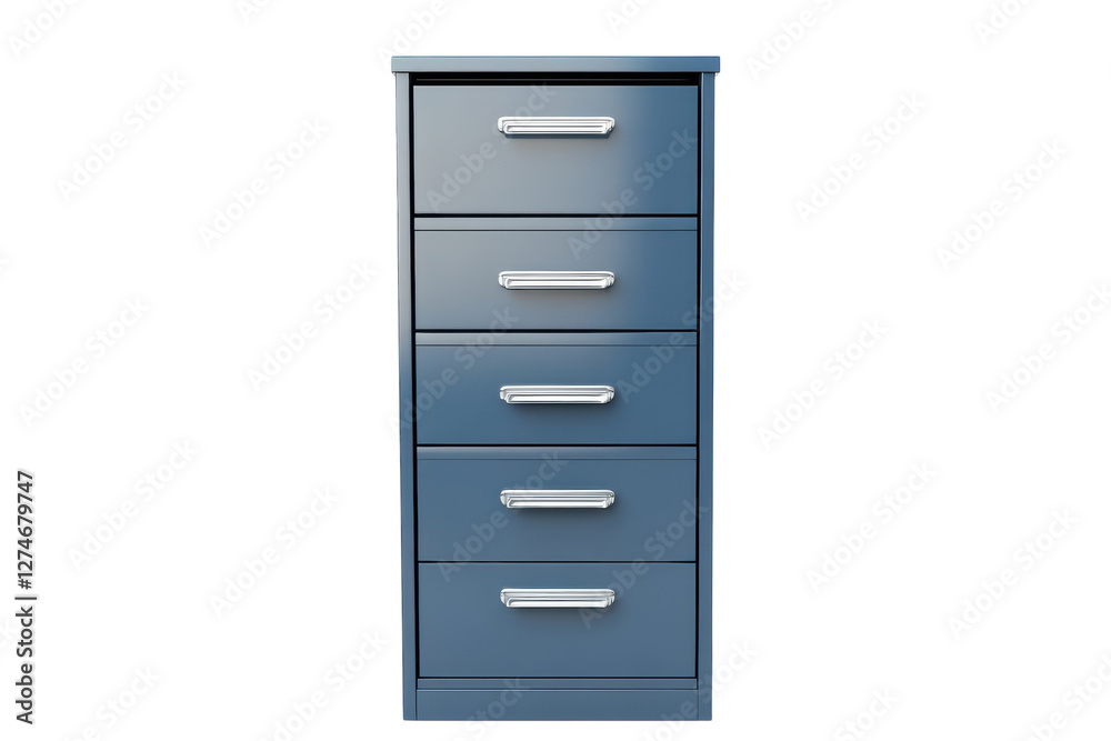 A sleek blue filing cabinet with modern design and four spacious drawers for organized storage isolated on transparent background A sleek blue filing cabinet with modern design and four spacious drawers for organized storage isolated on transparent background