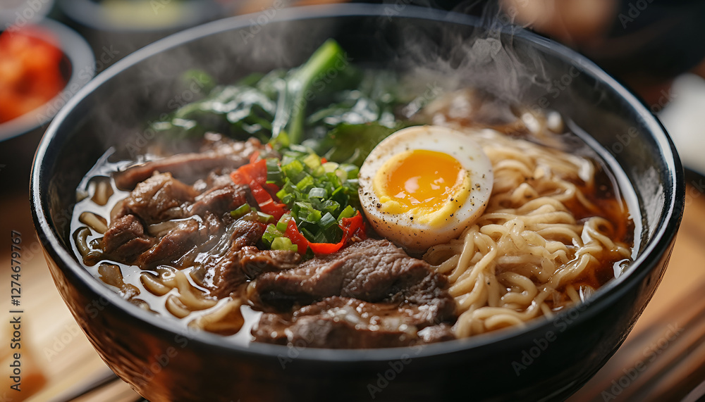 Fresh steaming beef ramen noodle soup serving with egg and pak choi, close up. Fresh steaming beef ramen noodle soup serving with egg and pak choi, close up.