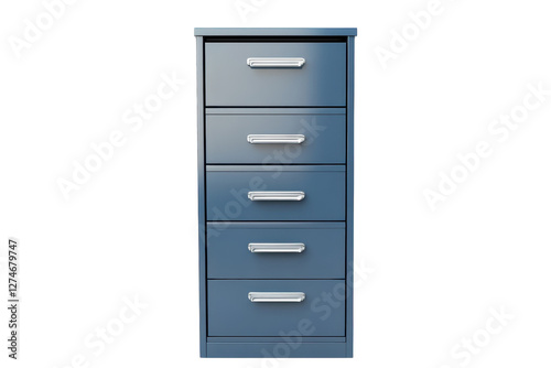 A sleek blue filing cabinet with modern design and four spacious drawers for organized storage isolated on transparent background