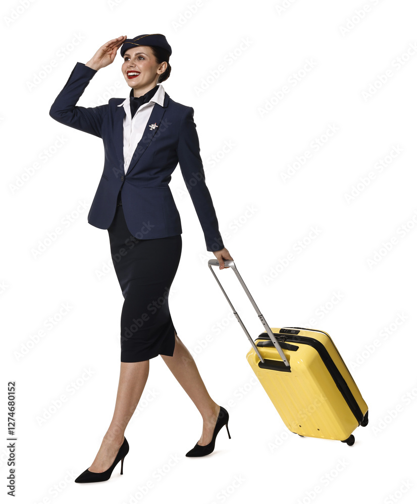 Smiling stewardess with suitcase on white background Smiling stewardess with suitcase on white background