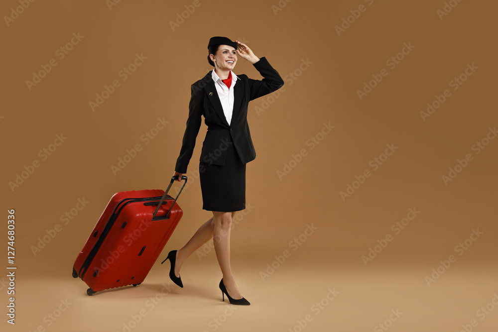 Smiling stewardess with suitcase on brown background. Space for text Smiling stewardess with suitcase on brown background. Space for text