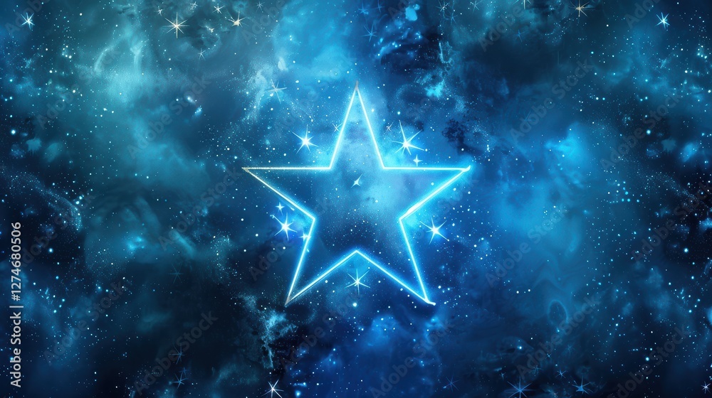 A brilliant star illuminates the deep blue cosmos, surrounded by ethereal clouds and twinkling lights. The celestial display captivates the imagination, evoking wonder and mystery A brilliant star illuminates the deep blue cosmos, surrounded by ethereal clouds and twinkling lights. The celestial display captivates the imagination, evoking wonder and mystery