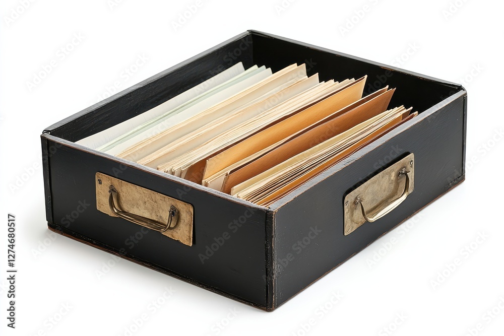 Black wooden box filled with various documents, showcasing an organized collection of papers isolated on transparent background Black wooden box filled with various documents, showcasing an organized collection of papers isolated on transparent background