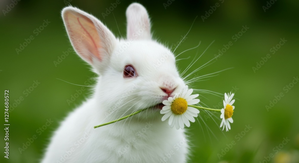 Obraz premium A charming little rabbit with a chamomile flower in its mouth, making for a perfect pet wallpaper.