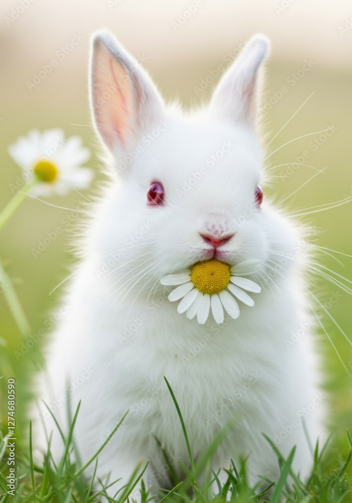 Fototapeta premium A playful bunny gently nibbling on a daisy, adding a sweet and fluffy vibe to pet backgrounds.