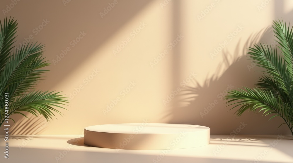 Minimalist Display Area Featuring Natural Light and Green Plants in Soft Beige Tones Minimalist Display Area Featuring Natural Light and Green Plants in Soft Beige Tones