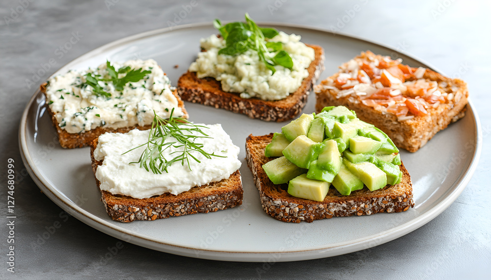 Variation of healthy toasts with avocado cream cheese and whole wheat rye bread on a plate. Delicious snacks and avocado sandwiches. Food composition, tasty Italian meal. Top view, copy space Variation of healthy toasts with avocado cream cheese and whole wheat rye bread on a plate. Delicious snacks and avocado sandwiches. Food composition, tasty Italian meal. Top view, copy space