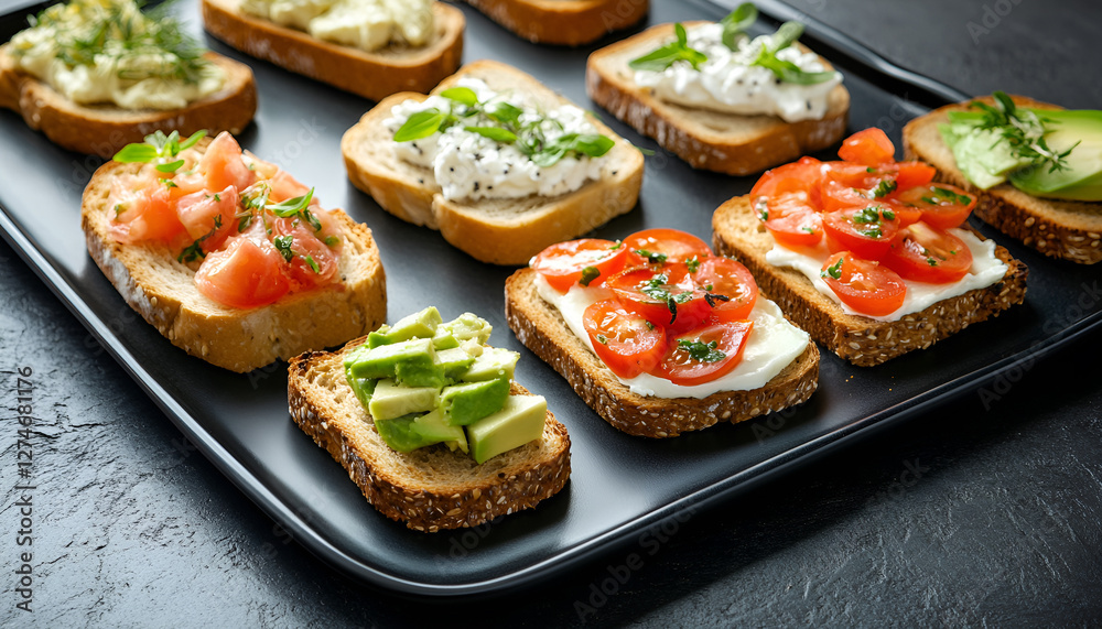 Variation of healthy toasts with avocado cream cheese and whole wheat rye bread on a plate. Delicious snacks and avocado sandwiches. Food composition, tasty Italian meal. Top view, copy space Variation of healthy toasts with avocado cream cheese and whole wheat rye bread on a plate. Delicious snacks and avocado sandwiches. Food composition, tasty Italian meal. Top view, copy space