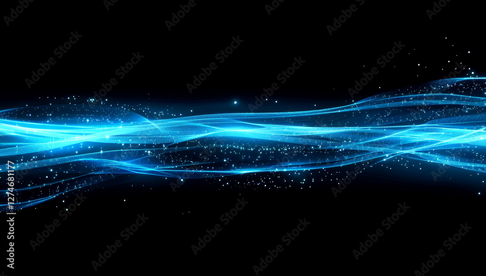 Obraz premium Vibrant blue waves illuminate the dark backdrop, showcasing a mesmerizing digital abstraction filled with glowing elements