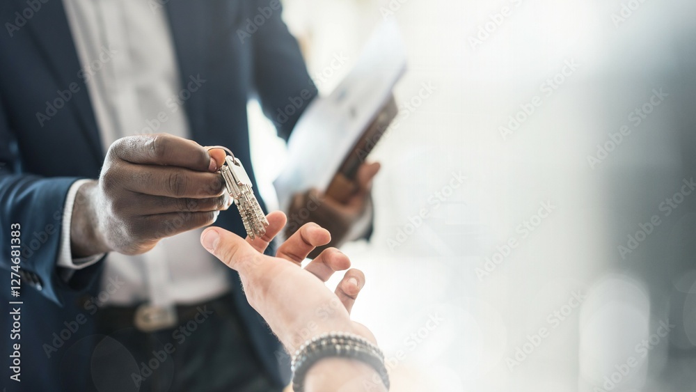Obraz premium Real estate agent handing the house key to a client remix