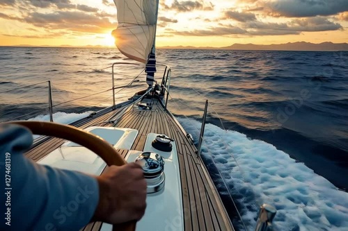 A luxurious yacht sailing through the open sea under a breathtaking sunset. The deep blue water sparkles as the golden sunlight reflects off gentle waves