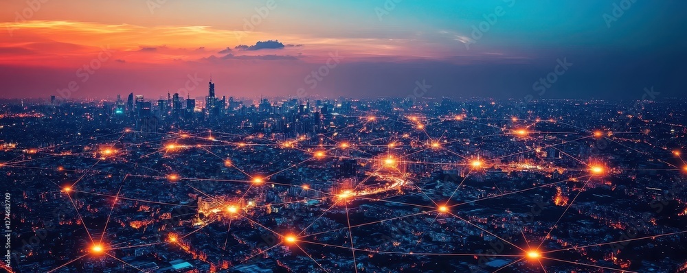 Aerial view of cityscape at dusk with network of glowing lights and connected points Aerial view of cityscape at dusk with network of glowing lights and connected points
