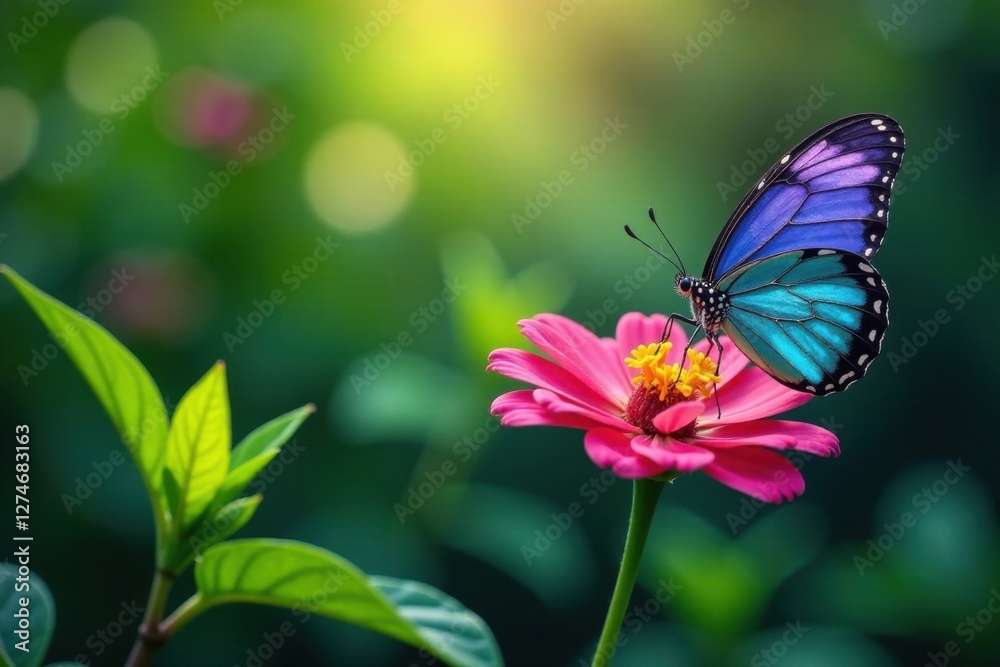 Colorful butterflies on a flower amidst green leaves and stems, butterflies, blossoms Colorful butterflies on a flower amidst green leaves and stems, butterflies, blossoms