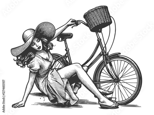woman in a flowing dress and sun hat, gracefully falling off her bicycle with a surprised expression sketch engraving generative ai vector illustration. Scratch board imitation. Black and white image.
