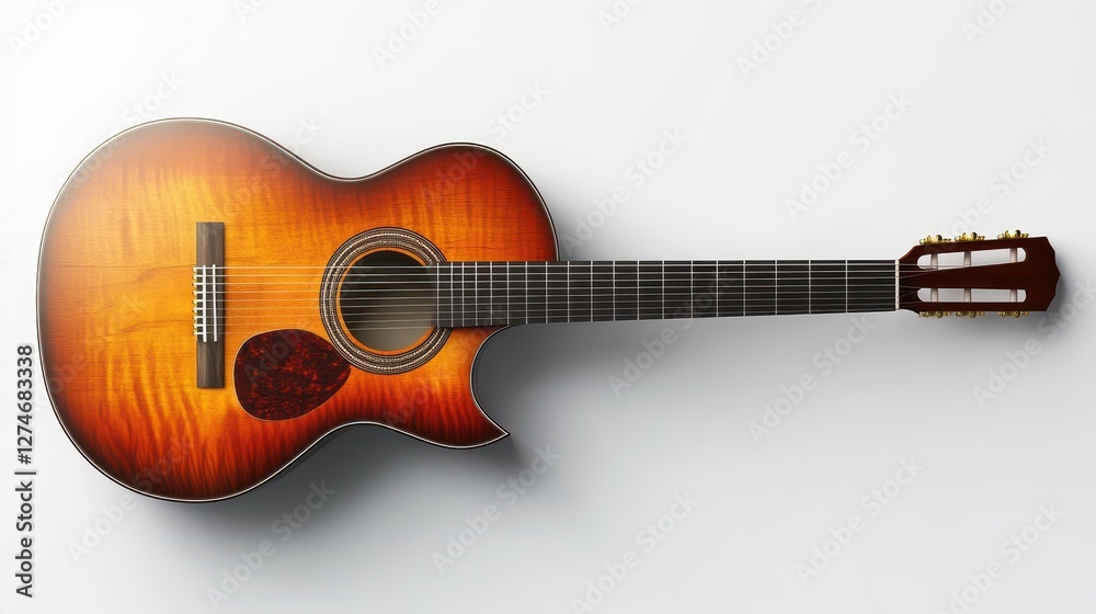 Fototapeta premium Acoustic guitar with sunburst finish on white background showcasing classic design