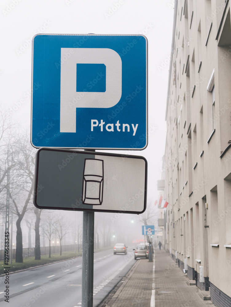 Paid city car street parking sign in a paid parking zone (Polish: strefa płatnego parkowania) in Poznań, Poland