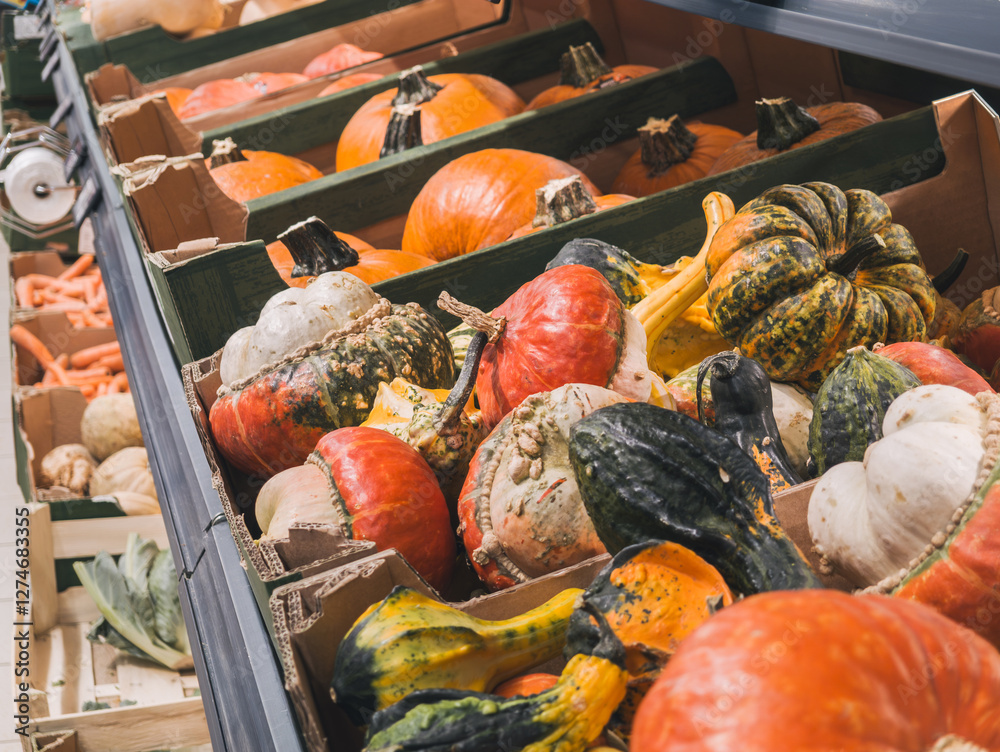 Multiple various pumpkins on the shelf in a grocery supermarket. Preparation for Halloween