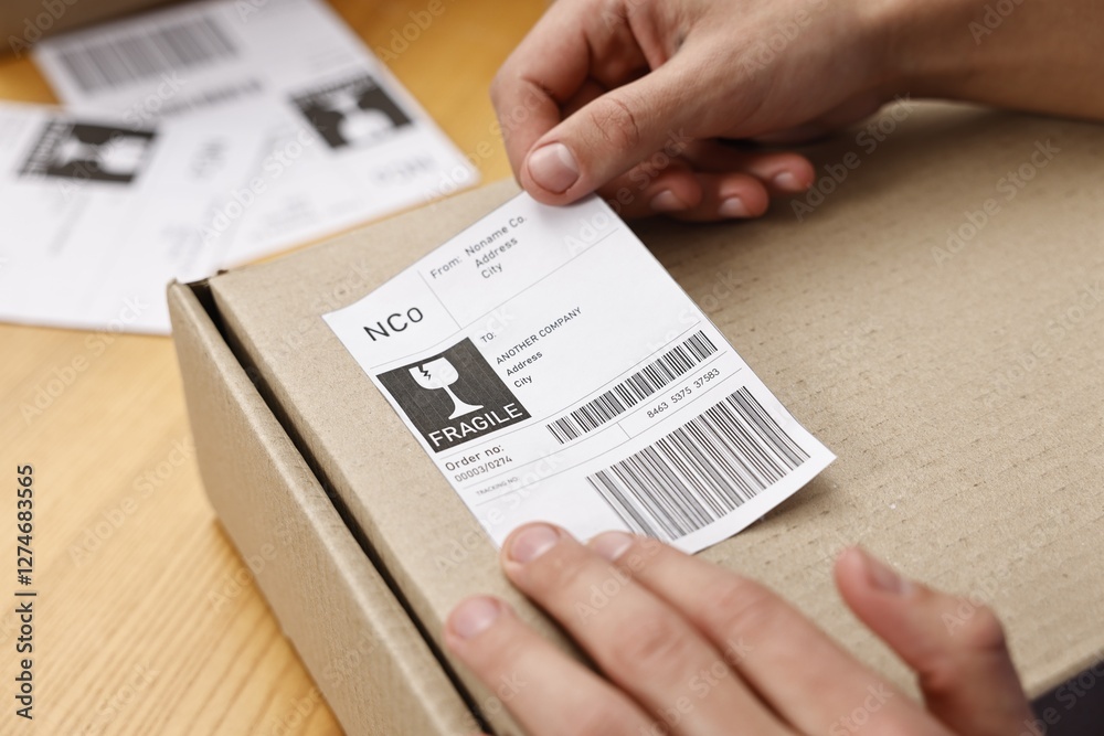 Naklejka premium Man sticking shipping label with barcode on parcel at wooden table indoors, closeup