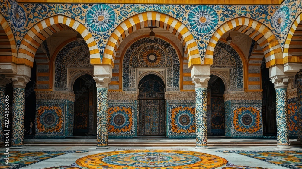 Obraz premium Ornate Moorish architecture courtyard, intricate tilework, sunny day, travel destination, cultural heritage