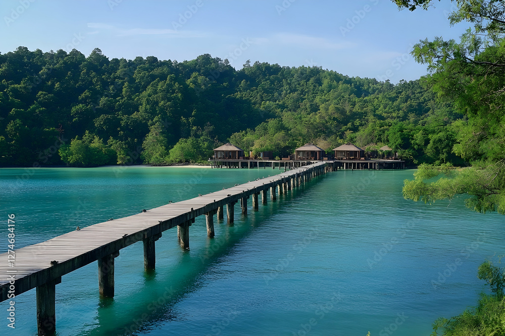 Wooden pier connecting luxury bungalows over tropical turquoise lagoon Wooden pier connecting luxury bungalows over tropical turquoise lagoon