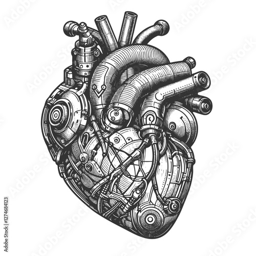 Robotic biomechanical heart with intricate pipes, gears, and tubes, steampunk and futuristic cybernetic aesthetics sketch engraving generative ai vector illustration. Scratch board. Black and white