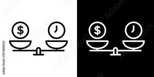 Time and money scale icon set. vector illustrations in black and white strokes