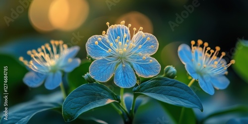 Delicate Close-Up of Blossoming Flowers Illuminated by Gentle Sunlight Casting an Enchanting Glow on Petals and Leaves in a Serene Natural Setting