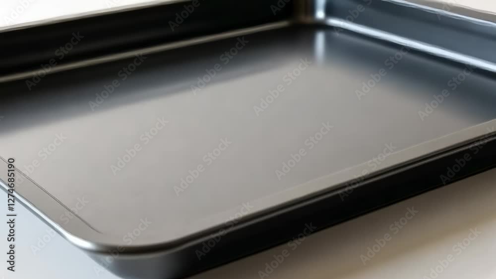 Shiny metallic baking tray on white surface highlighting kitchenware design and utility Shiny metallic baking tray on white surface highlighting kitchenware design and utility