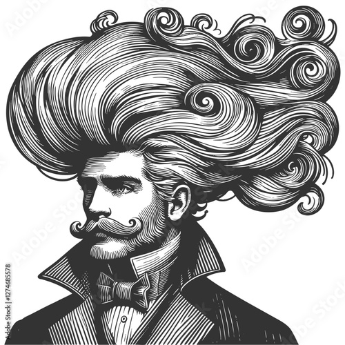 gentleman with an incredibly large, curly hairstyle, blending humor, surrealism, and vintage artistic style sketch engraving generative ai vector illustration. Scratch board. Black and white image.