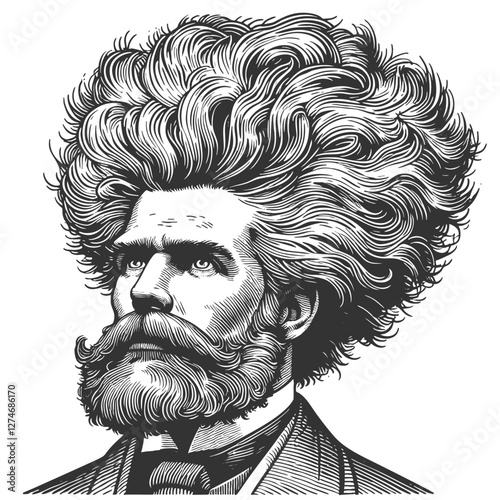 gentleman with an incredibly large, curly hairstyle, blending humor, surrealism, and vintage artistic style sketch engraving generative ai vector illustration. Scratch board. Black and white image.