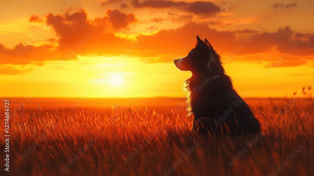 Silhouette of dog in golden sunset field with vibrant sky and clouds