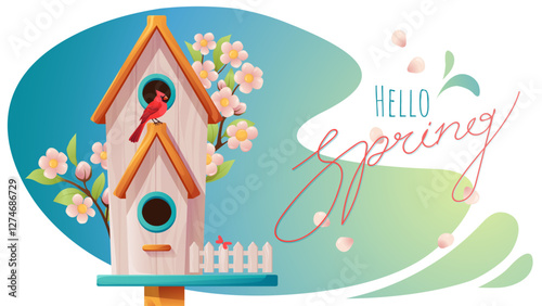 Hello Spring background. Spring season sale banner with birdhouse and cherry blossom branches. Vector illustration design for posters, banners, flyers, cards, cover, social media posts, promotions.