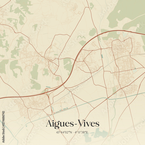 Vintage map of Aigues-Vives, France.
