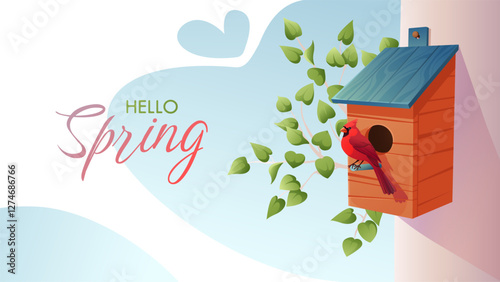 Hello Spring background. Spring season sale banner with birdhouse on a tree. Vector illustration design for poster, banner, flyer, greeting card, cover, social media post, and promotion.