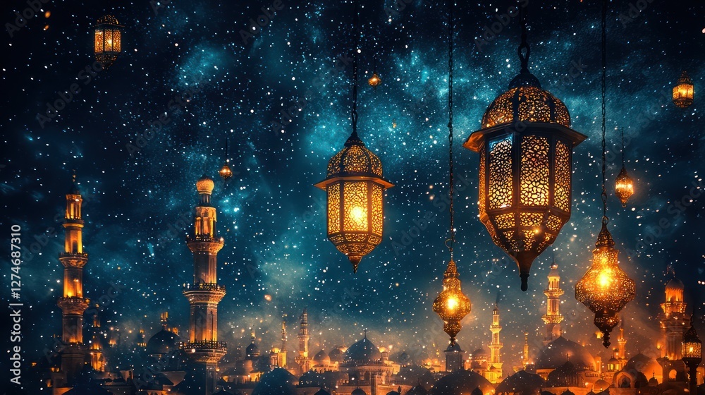 Night scene of illuminated city with lanterns and mosque minarets under a starry sky; ideal for Ramadan or Eid celebrations Night scene of illuminated city with lanterns and mosque minarets under a starry sky; ideal for Ramadan or Eid celebrations