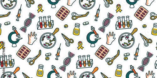 Medical research seamless pattern with microscope,test tubes, DNA molecule, clamps, gloves, medicines, tablets, syringe. Partly painted doodle elements set. Vector design for textile,wallpaper,cover.