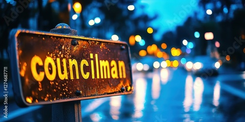 Urban street scene with illuminated councilman sign and blurred city lights reflecting on a rainy evening, capturing a moment of wet weather ambiance.