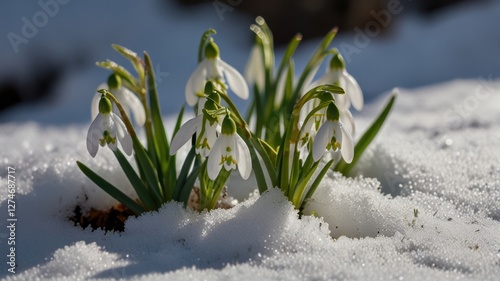 Wallpaper Mural Snowdrops emerging from under the snow, vibrant colors surrounding them Torontodigital.ca