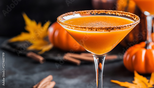 Pumpkintini. Pumpkin martini cocktail, homemade festive seasonal drink for Thanksgiving and Halloween party. Pumpkin pie spice cocktail and autumn decor photo