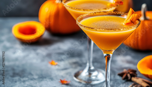 Pumpkintini. Pumpkin martini cocktail, homemade festive seasonal drink for Thanksgiving and Halloween party. Pumpkin pie spice cocktail and autumn decor photo