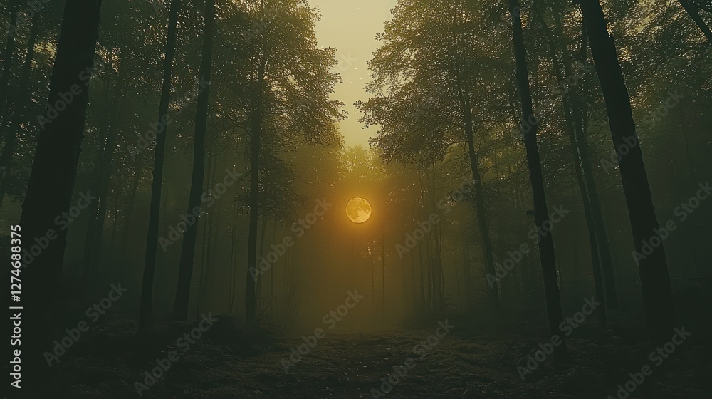 Fototapeta premium Misty forest path with full moon, autumnal atmosphere, perfect for Halloween or fantasy backgrounds