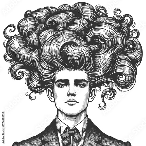 gentleman with an incredibly large, curly hairstyle, blending humor, surrealism, and vintage artistic style sketch engraving generative ai vector illustration. Scratch board. Black and white image.