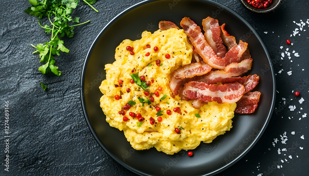 Scrambled Eggs and Bacon for breakfast, top view. Keto food, healthy breakfast with scrambled egg Scrambled Eggs and Bacon for breakfast, top view. Keto food, healthy breakfast with scrambled egg