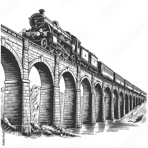 steam locomotive traveling over an arched stone viaduct, evoking nostalgia for historical railway journeys sketch engraving generative ai vector illustration. Scratch board. Black and white image.