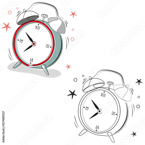 Classic ringing alarm clock line art drawing. Retro alarm clock black and white hand drawn. Clock alarm vector illustration. Time symbol, hour watch.