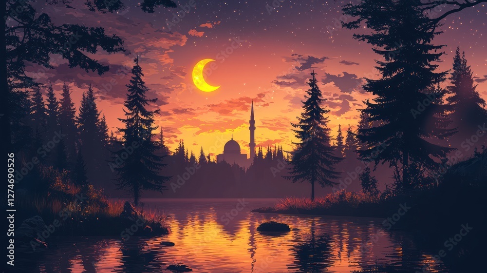 Fototapeta premium Crescent moon over mosque at sunset, forest lake reflection