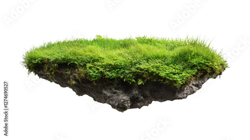 Piece of ground covered by grass, floating in the air, isolated on transparent background, ideal for photocompositions