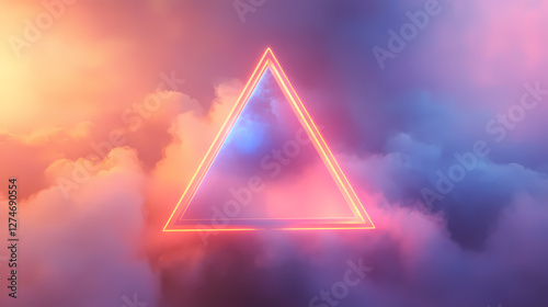 A floating triangular prism with glowing neon edges suspended in a foggy digital atmosphere. Floating Prism Landscapes. Illustration